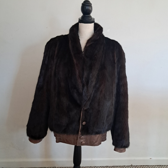 Women's Leather Fur Bomber Coat Large L Brown Mink Fur Vintage Reversible Luxury - Picture 3 of 13